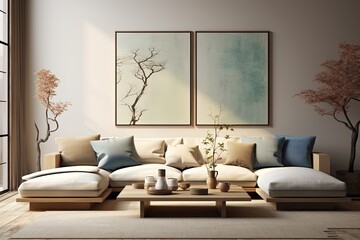 Modern living room design with sofas, coffee table and painting. Created with Ai