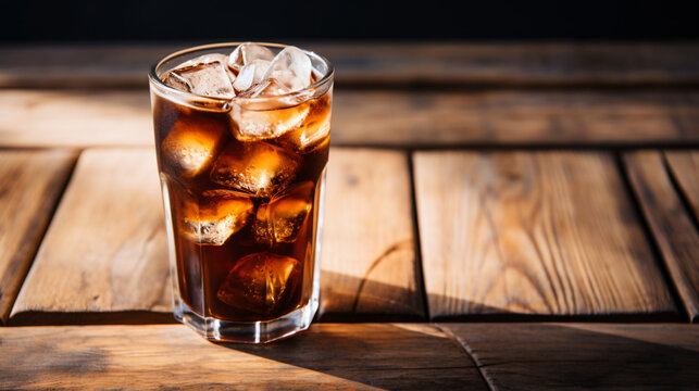 Iced coffee with ice cubes in glass on wooden table