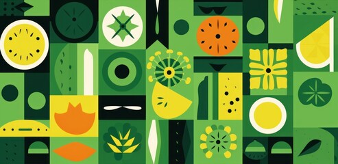 Abstract geometric food pattern. Natural fruit vegetable plants simple shapes, agriculture concept.  illustration, Generative AI