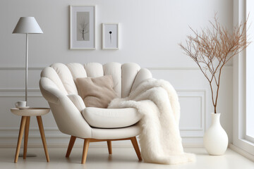 Cosy chair in a modern minimalistic Scandinavian style white room.