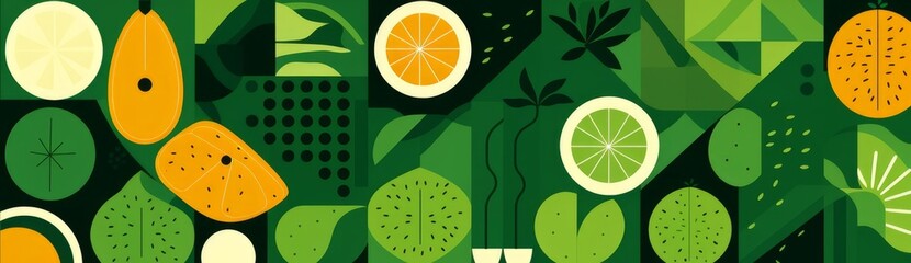 Abstract geometric food pattern. Natural fruit vegetable plants simple shapes, agriculture concept.  illustration, Generative AI