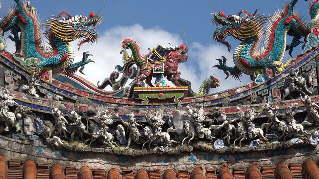 Beautiful rooftop decoration (including traditional Chinese dragons) at the Longshan temple in Taipei, Taiwan
