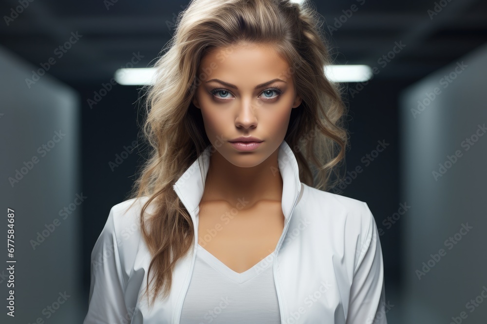 Poster portrait of of supermodel on empty grey background.