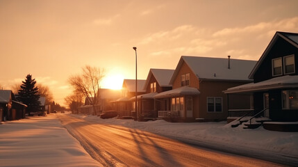 A winter street with uniform, neat houses at sunset. AI Generated - obrazy, fototapety, plakaty