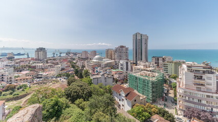 Fototapeta premium Panorama showing aerial view of city centre and the harbour of Durres timelapse from viewpoint, Albania.