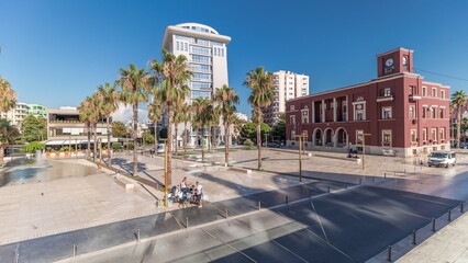 Panorama showing aerial view of the fountains and palms on the main square Sheshi Liria in Durres...