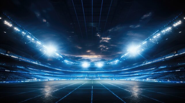 A soccer stadium made with blue lights.