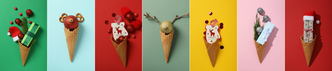 Collage of photos of New Year's decorations with waffles