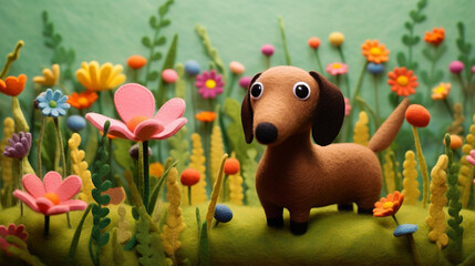Handmade DIY figurine, cute crafted wool felt dachshund on a colorful blooming flower meadow - obrazy, fototapety, plakaty