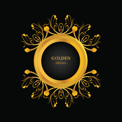 gold photo frame with floral design on a black background, Golden circle frame with ornament on black background. photo album Vector illustration for your home decoration design