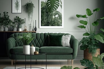 Modern living room with green sofa interior design. Generative ai.