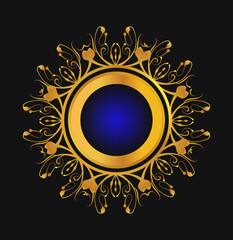 abstract Golden round frame with ornament on a black background. Vector illustration. golden circle with blue background photo album