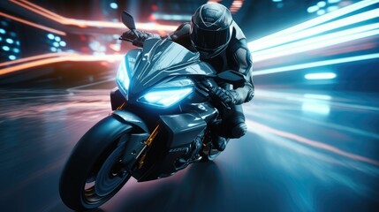 A man in black zooming through a DeFi crypto landscape in a futuristic moped.