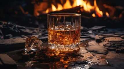 A smoldering fire with a glass of whisky in the foreground.