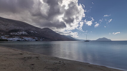 Panorama showing beach in Amorgos island aerial timelapse from above. Greece