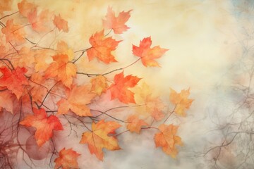 Naklejka na ściany i meble watercolor autumn background with orange seasonal leaves