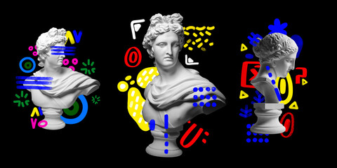 Set of antique statue busts against black background with colorful abstract design elements....