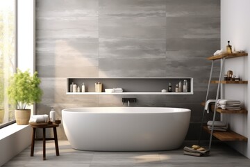 A small gray bathtub and grey wall tiles in a bathroom.