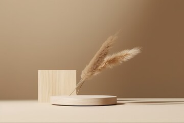 3D podium wood display on beige, background and dry pampas grass. Brown cosmetic, beauty product promotion pedestal with shadow. nature showcase composition. Abstract minimal studio 3D, Generative AI