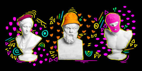 Set of antique statue busts in different headwear against black background with abstract colorful...