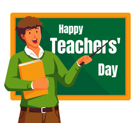 Happy teachers day with male teacher and chalkboard