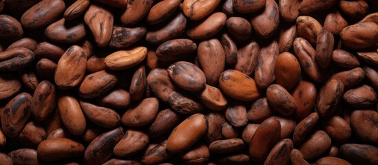 The abstract background features a full frame image of luscious brown cocoa beans creating a sweet and enticing scene that is reminiscent of the rich taste of chocolate and cocoa powder