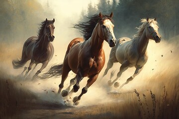 Three running horses in a field. AI generated