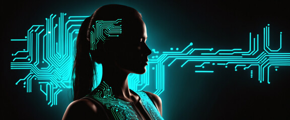 Futuristic digital woman silhouette with artificial intelligence electronic circuits