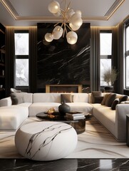 Luxury interior design of modern living room with marble stone elements. Generative AI