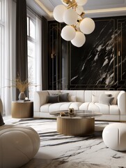 Luxury interior design of modern living room with marble stone elements. Generative AI