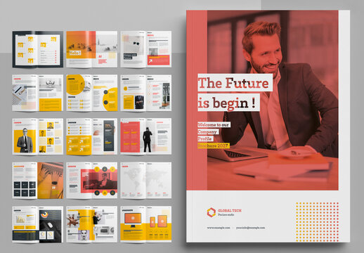 Company Profile Brochure Layout with Pink and Yellow Accents