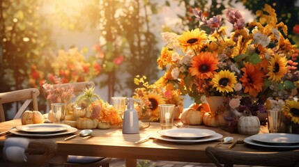 arrangement fall table sunny charming illustration beautiful nature, wood autumn, plant colorful arrangement fall table sunny charming