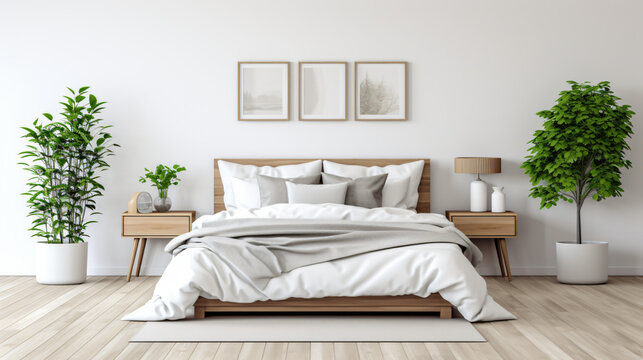 Interior of a modern bedroom with white walls wood