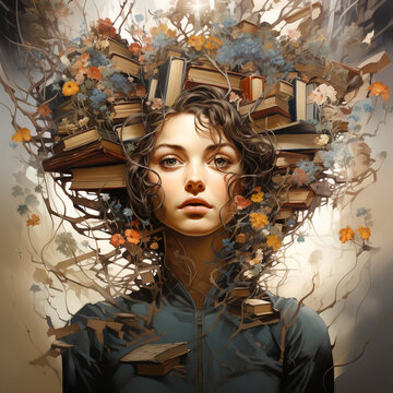 Woman surrounded by books, creative mind, exploding brain full of ideas and imagination, education concept, world book day