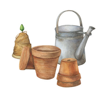 watercolor gardening tools on white background clip art preview