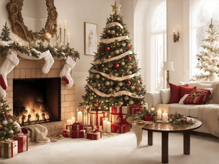 Christmas Scene. A warm illustration featuring gifts, a Christmas tree, a fireplace, and more, creating a festive and inviting ambiance, generated by AI