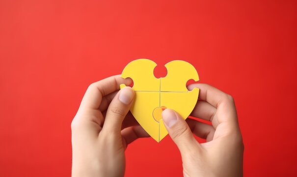 Hand hold two pieces red heart jigsaw puzzle on yellow background. Health care love wellbeing organ donation family insurance concept. World health day heart day theme.  Generative AI
