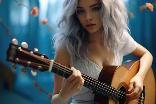 Cute girl with light blue long hair playing guitar, Gentle personality, Cute gentle face.