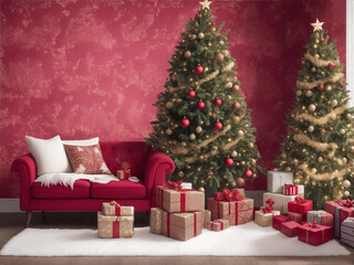 Christmas Scene. A warm illustration featuring gifts, a Christmas tree, a fireplace, and more, creating a festive and inviting ambiance, generated by AI