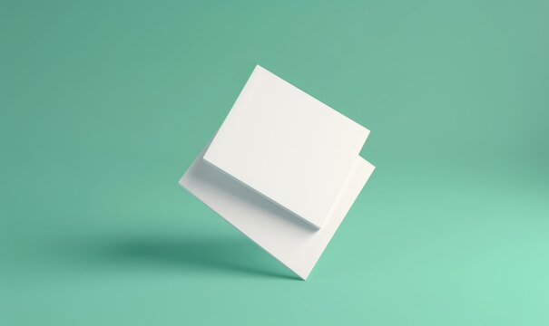 White square shape business card mockup stacking on green mint pastel color table background. Branding presentation template print. 3.5 x 2 inch paper, Generative AI