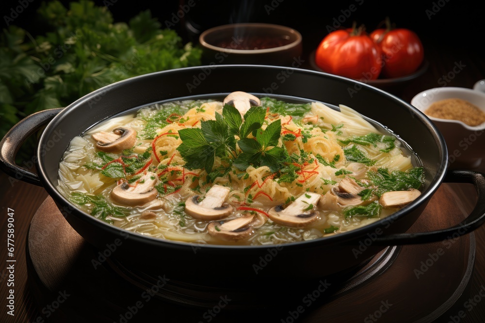 Wall mural chicken soup with vegetables and mushrooms.