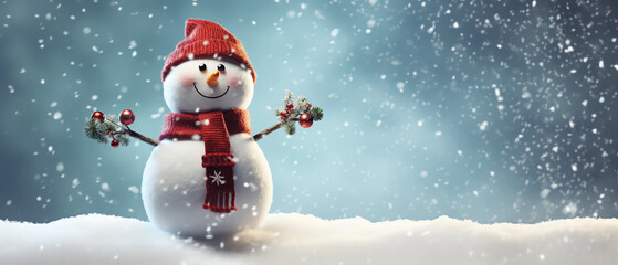 Fototapeta premium A happy snowman with a red hat and scarf, holding decorations
