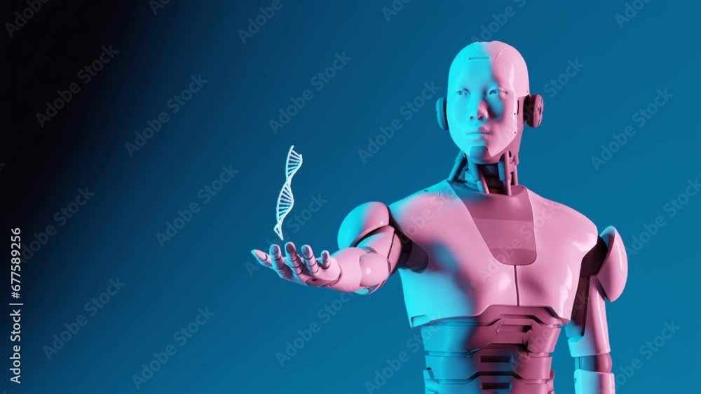 Poster automated robotic assistant, dark background. software generated dna cell
