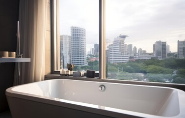 Fototapeta na wymiar Interior view from bathroom with bathtub and window looking out to big city and high rise luxury hotel buildings. Architect and travel destination, Generative AI