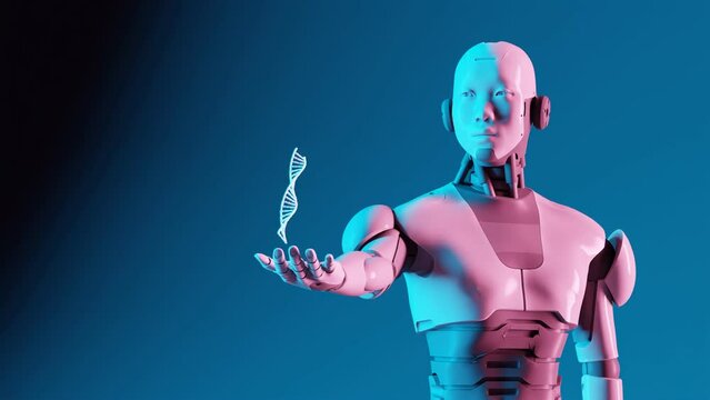 Automated robotic assistant, dark background. Software generated DNA cell