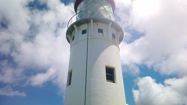 GImbal close-up booming down shot of the Kilauea Point Lighthouse with nenes on the Hawaiian island of Kaua'i. 4K at 60 FPS Slow Motion