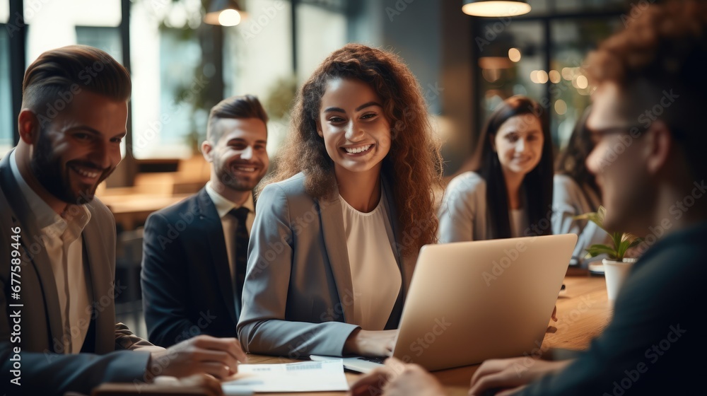 Aufkleber smiling group of diverse business people going over paperwork together and working on a laptop at a 