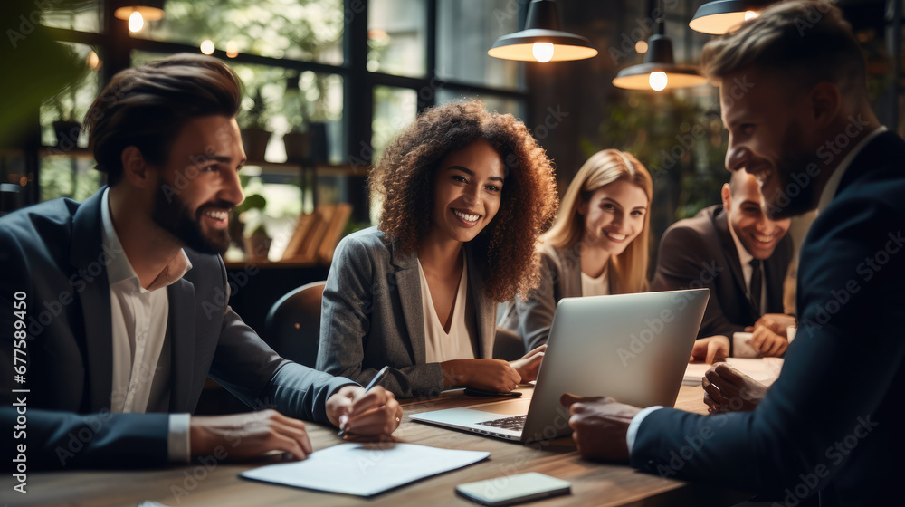 Poster smiling group of diverse business people going over paperwork together and working on a laptop at a 