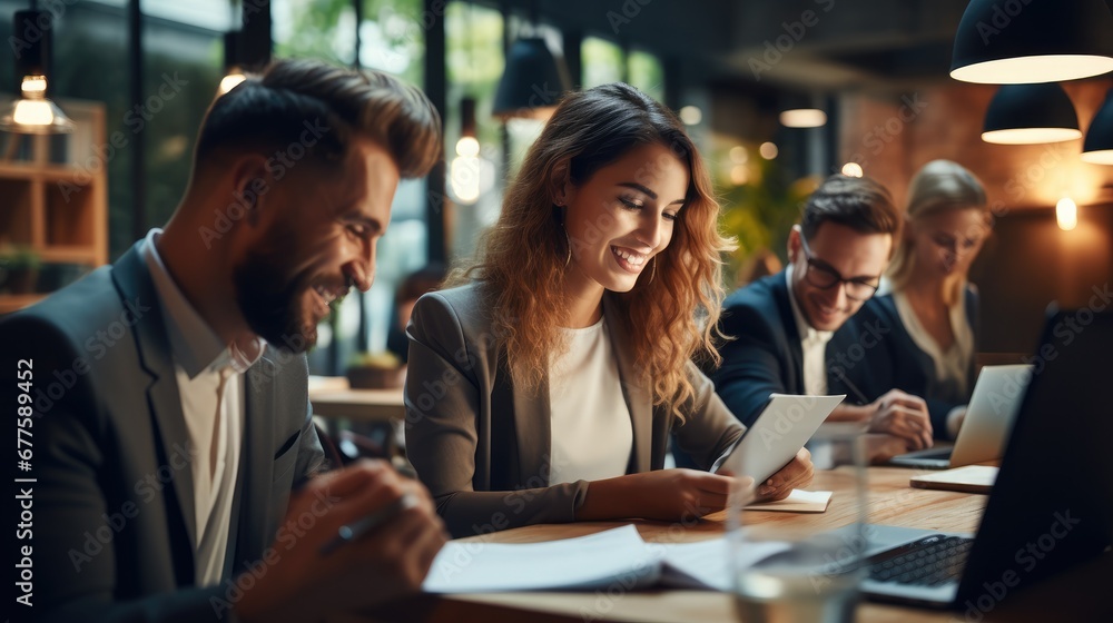 Aufkleber smiling group of diverse business people going over paperwork together and working on a laptop at a 