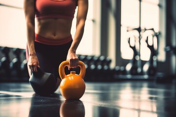 Close up kettlebells with woman exercise workout in gym fitness breaking relax after sport training with protein shake bottle background. Healthy lifestyle bodybuilding and muscles, Generative AI - obrazy, fototapety, plakaty